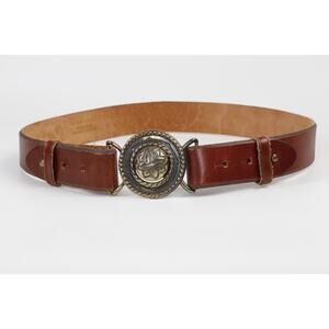 Vintage First Issue Brown Leather Belt Brass Medallion Buckle Size 30